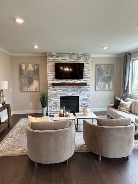 living room with a fireplace, dark hardwood / wood-style flooring, and crown molding