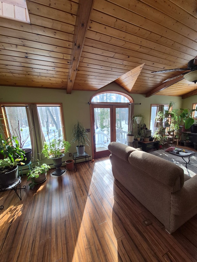 living room featuring hardwood / wood-style floors, plenty of natural light, lofted ceiling with beams, and wooden ceiling