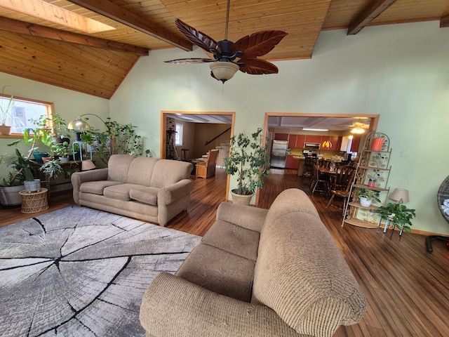 living room with dark wood-type flooring, high vaulted ceiling, wooden ceiling, beamed ceiling, and ceiling fan