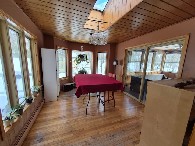 dining area with a baseboard heating unit, wood ceiling, light hardwood / wood-style floors, and a skylight