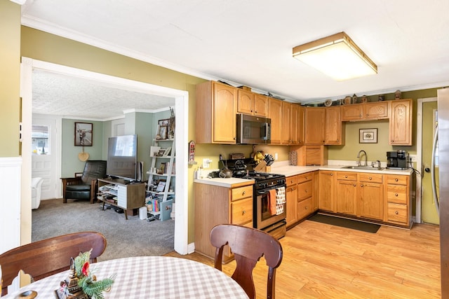 kitchen with ornamental molding, sink, stainless steel appliances, and light hardwood / wood-style floors