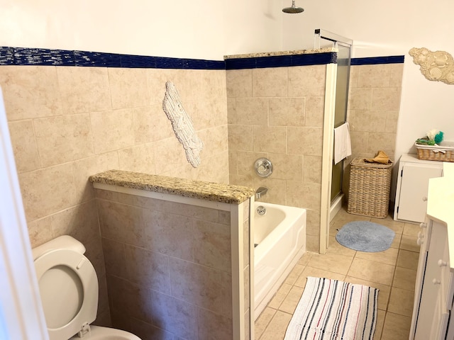 bathroom featuring tile patterned flooring, plus walk in shower, and toilet