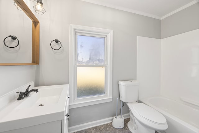 bathroom with vanity, toilet, a wealth of natural light, and crown molding