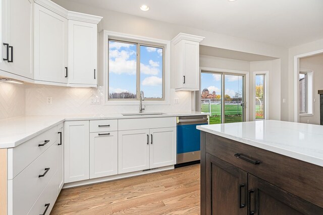 1685 E Wattles Rd, Troy, MI 48085 - kitchen with dishwasher, a sink, light wood-style floors, white cabinets, and tasteful backsplash