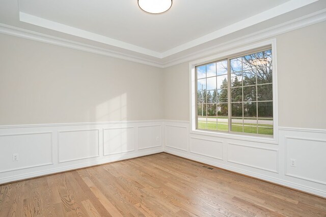1685 E Wattles Rd, Troy, MI 48085 - spare room featuring a raised ceiling, a wainscoted wall, light wood-style floors, a decorative wall, and crown molding