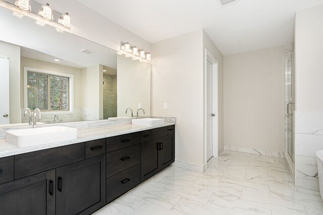 1685 E Wattles Rd, Troy, MI 48085 - full bath featuring marble finish flooring, double vanity, a stall shower, and baseboards