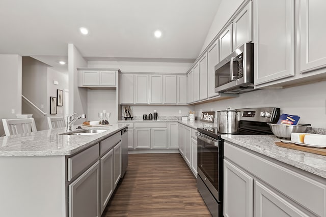 kitchen with light stone counters, stainless steel appliances, dark wood-type flooring, sink, and an island with sink