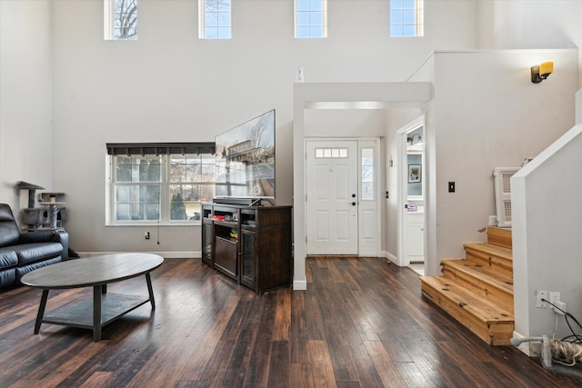 entryway with dark hardwood / wood-style floors and a high ceiling