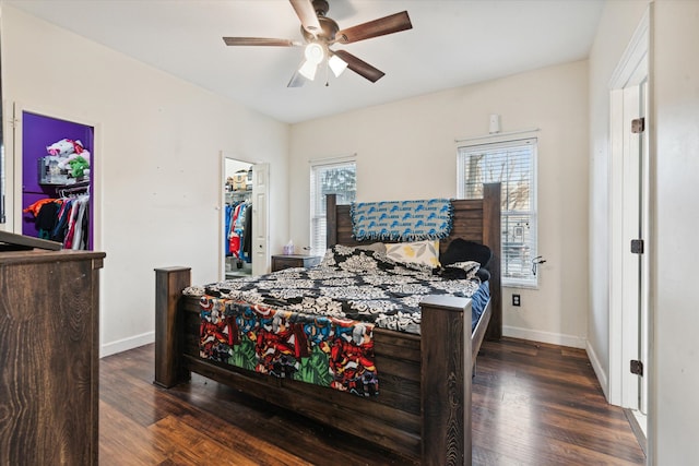 bedroom with ceiling fan, dark hardwood / wood-style flooring, a spacious closet, and a closet