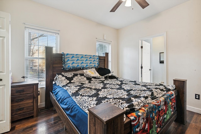 bedroom featuring ceiling fan and dark hardwood / wood-style flooring