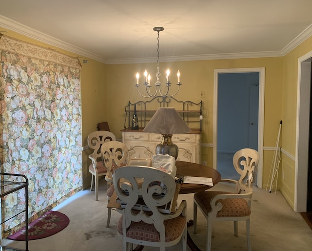 dining room with light colored carpet, crown molding, and a notable chandelier