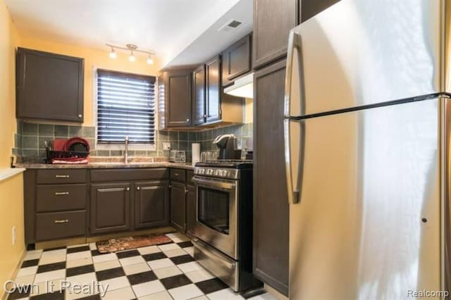 kitchen with decorative backsplash, sink, stainless steel appliances, and dark brown cabinets