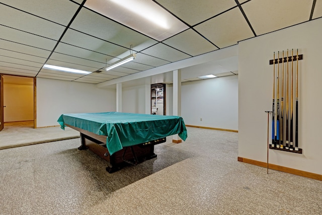 recreation room featuring a drop ceiling, carpet floors, and pool table