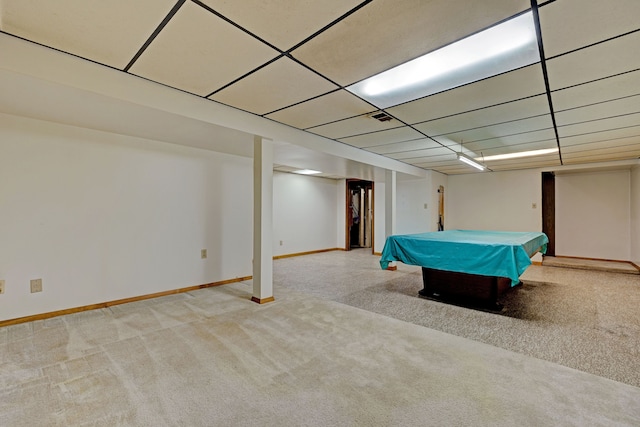 rec room with light colored carpet and pool table