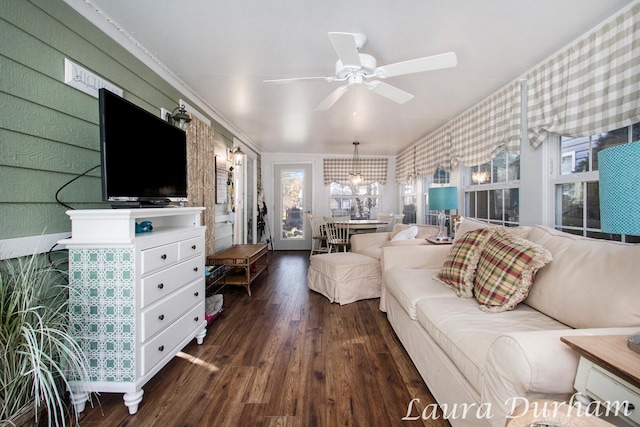 6473 Blue Star Hwy Unit 31, Saugatuck, MI 49453 - living room with dark wood-style flooring, plenty of natural light, and ceiling fan