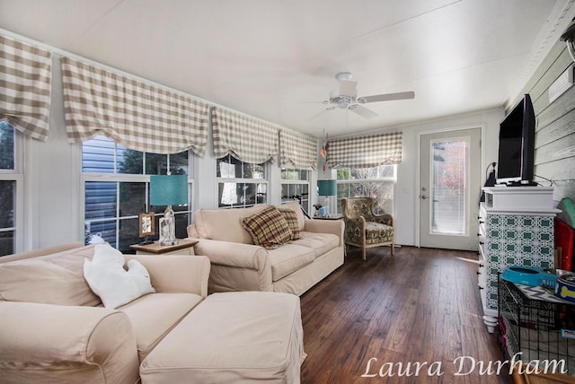 living room featuring ceiling fan and dark hardwood / wood-style flooring