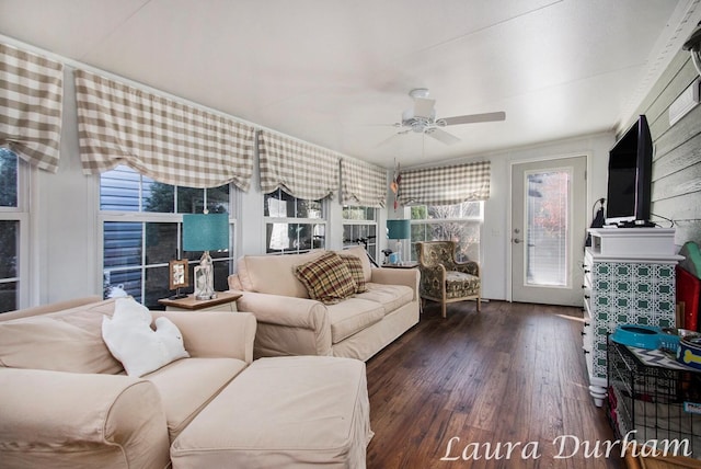 6473 Blue Star Hwy Unit 31, Saugatuck, MI 49453 - living area with wood-type flooring, ceiling fan, and crown molding