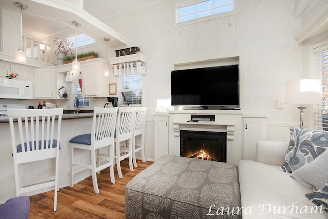 6473 Blue Star Hwy Unit 31, Saugatuck, MI 49453 - living room with wood finished floors, plenty of natural light, a lit fireplace, and wainscoting
