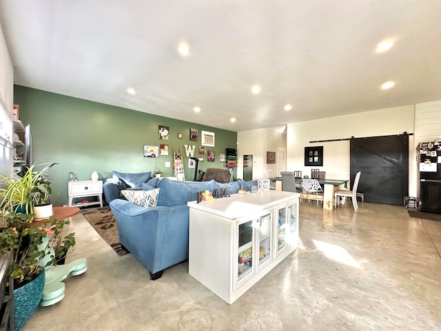 living room with a barn door