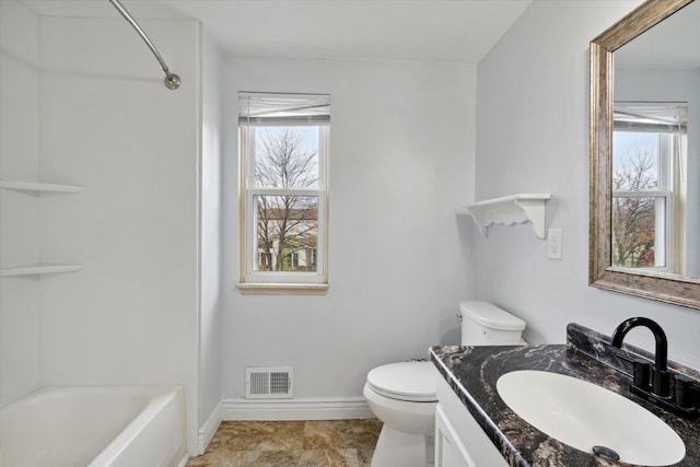 full bathroom featuring vanity, toilet, and shower / washtub combination