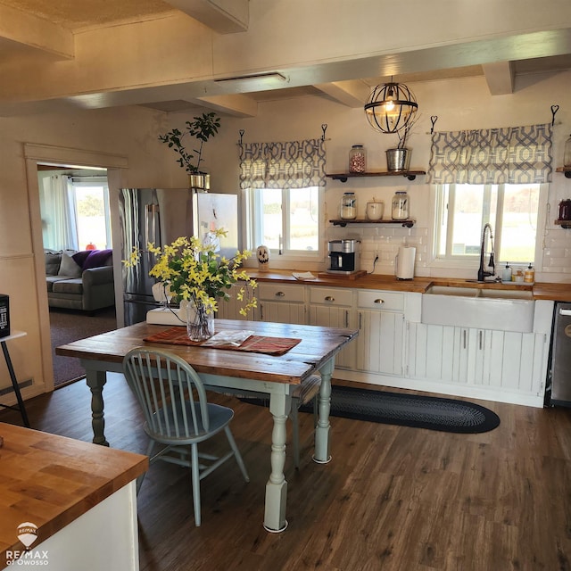 kitchen with stainless steel appliances, a healthy amount of sunlight, dark hardwood / wood-style flooring, and wooden counters