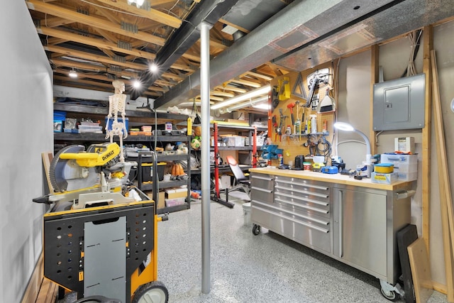 basement featuring a workshop area and electric panel