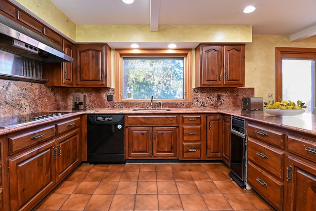 kitchen with sink, exhaust hood, backsplash, and black appliances