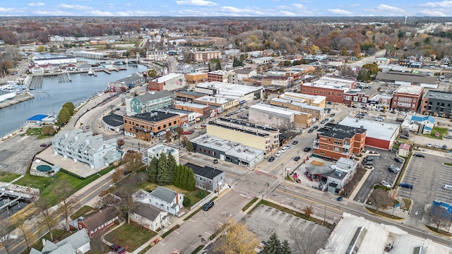 bird's eye view with a water view