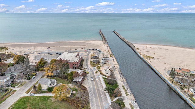 aerial view featuring a beach view and a water view