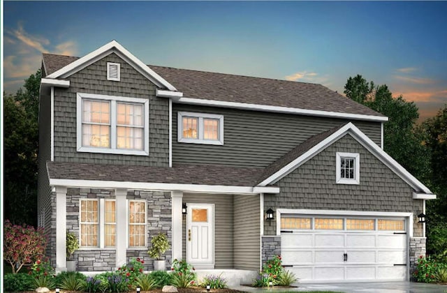 view of front facade featuring driveway, stone siding, and roof with shingles