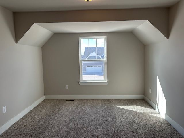 additional living space featuring visible vents, baseboards, lofted ceiling, and carpet floors