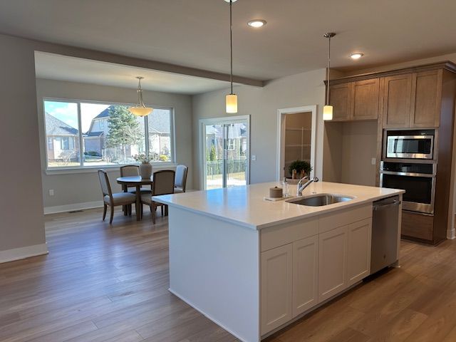 kitchen featuring hanging light fixtures, light wood-type flooring, appliances with stainless steel finishes, and a sink