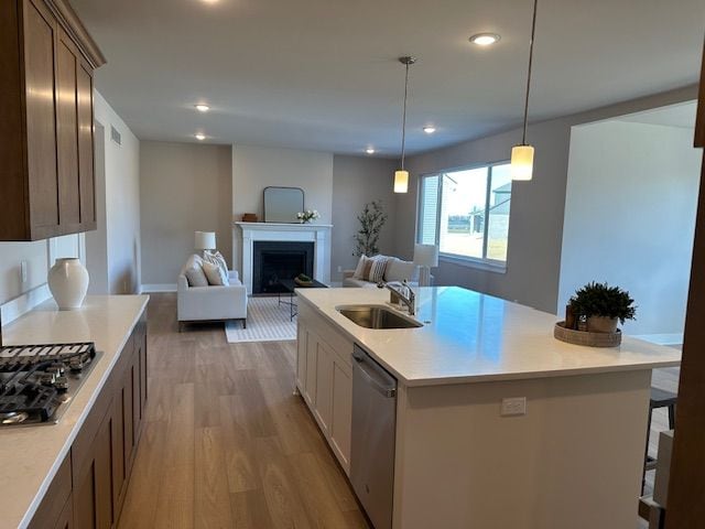 kitchen with a sink, wood finished floors, appliances with stainless steel finishes, a fireplace, and light countertops