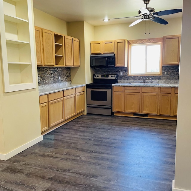 kitchen featuring dark wood-type flooring, stainless steel electric range oven, light brown cabinetry, and backsplash