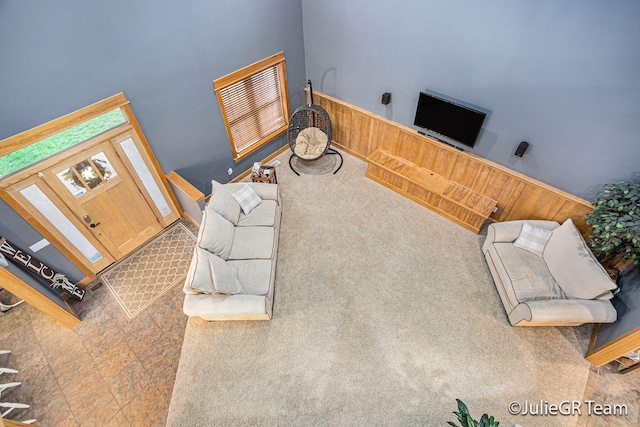 living room featuring carpet flooring and wooden walls