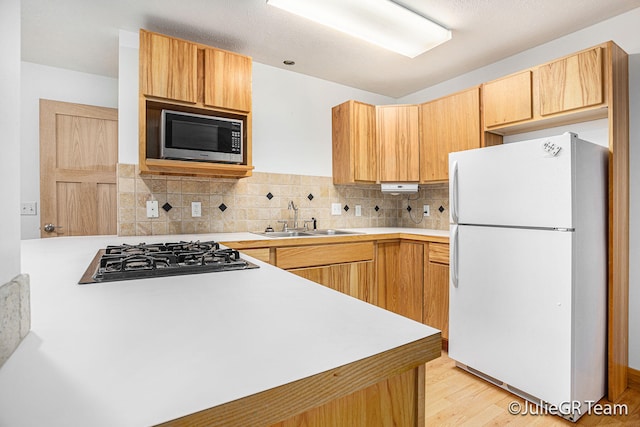 kitchen featuring light wood-type flooring, stainless steel appliances, tasteful backsplash, and sink