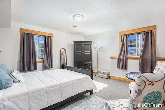 bedroom with carpet flooring, a textured ceiling, and multiple windows