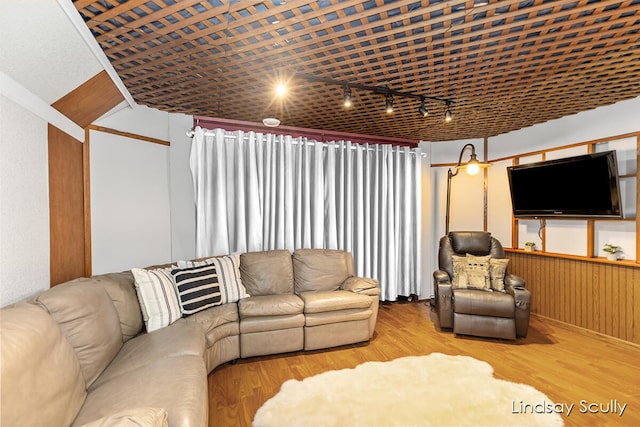 living room featuring hardwood / wood-style floors and track lighting