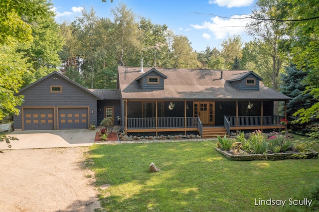 view of front of home with a porch, a garage, and a front yard