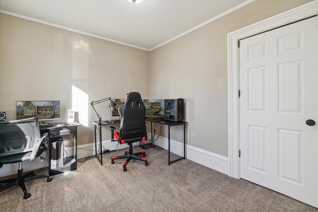 carpeted office space featuring ornamental molding