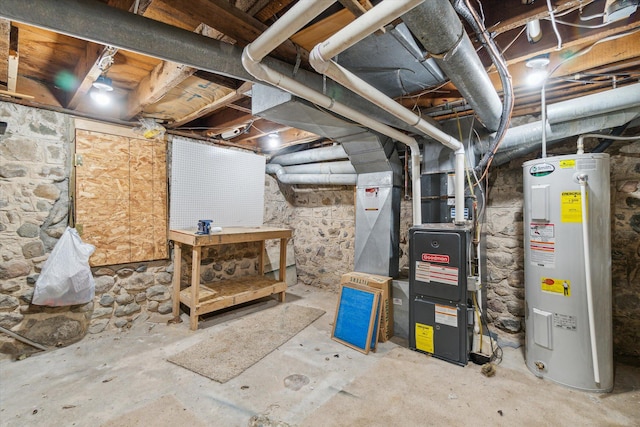 basement with heating unit and water heater