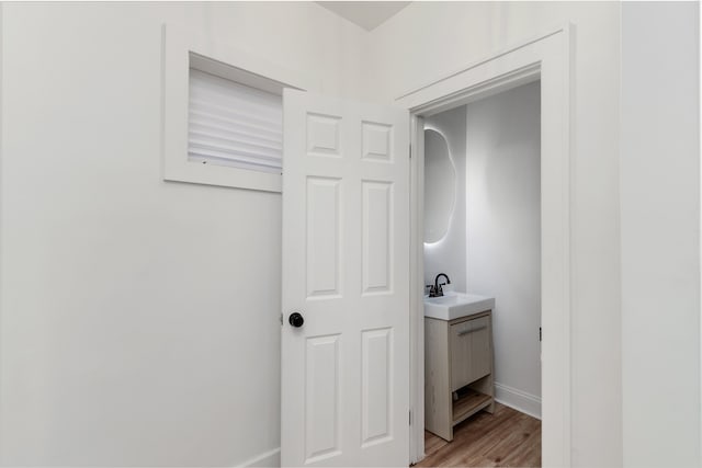 bathroom with vanity and wood-type flooring