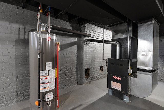 utility room with gas water heater and heating unit