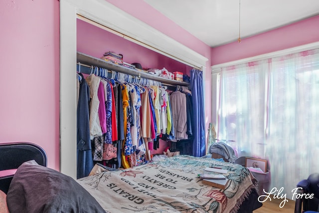 bedroom featuring a closet and hardwood / wood-style flooring