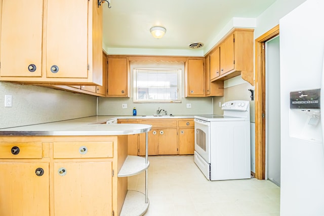 kitchen with kitchen peninsula, sink, and white appliances