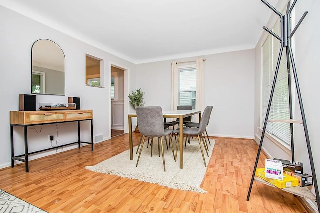 dining space featuring light wood-type flooring and a wealth of natural light