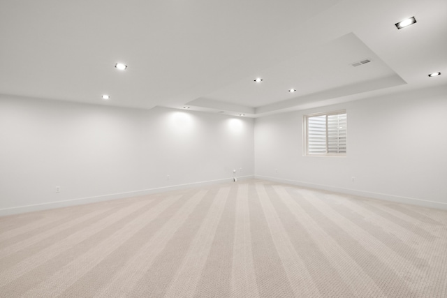 spare room featuring light carpet and a raised ceiling