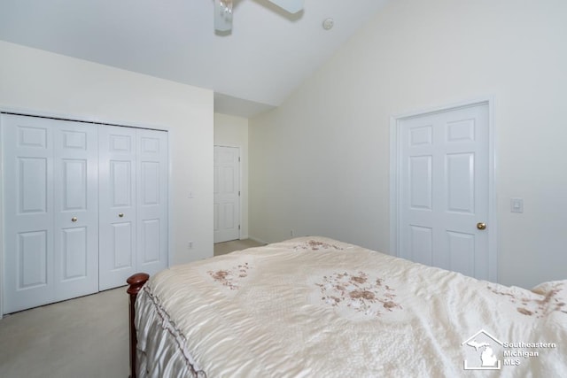 carpeted bedroom with lofted ceiling and ceiling fan