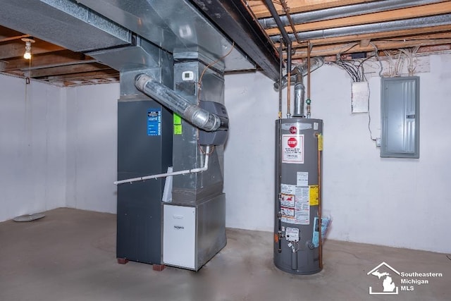 utilities featuring gas water heater, heating unit, and electric panel