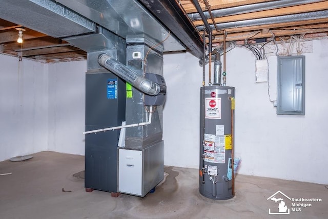 utilities with gas water heater, heating unit, and electric panel